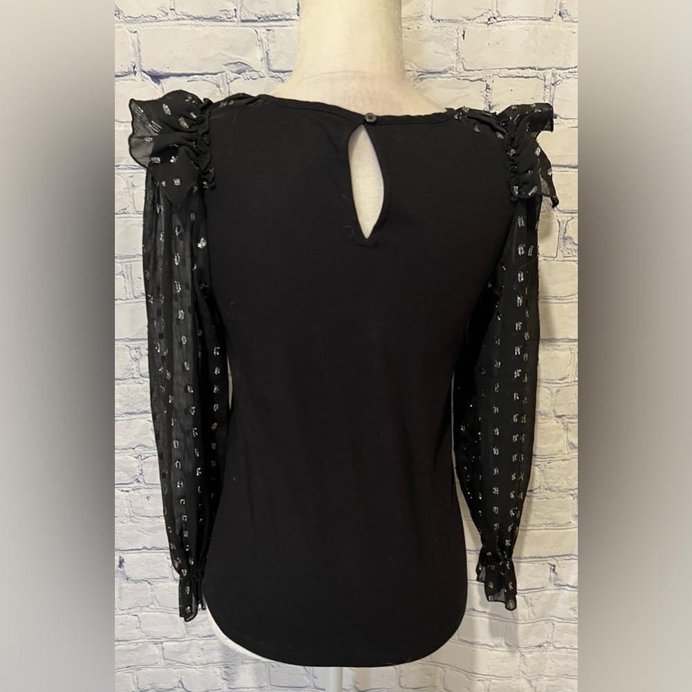 Ann Taylor Lift Shimmer Dotted Ruffle Yoke Mixed Media Top Small Petite - Picture 5 of 7